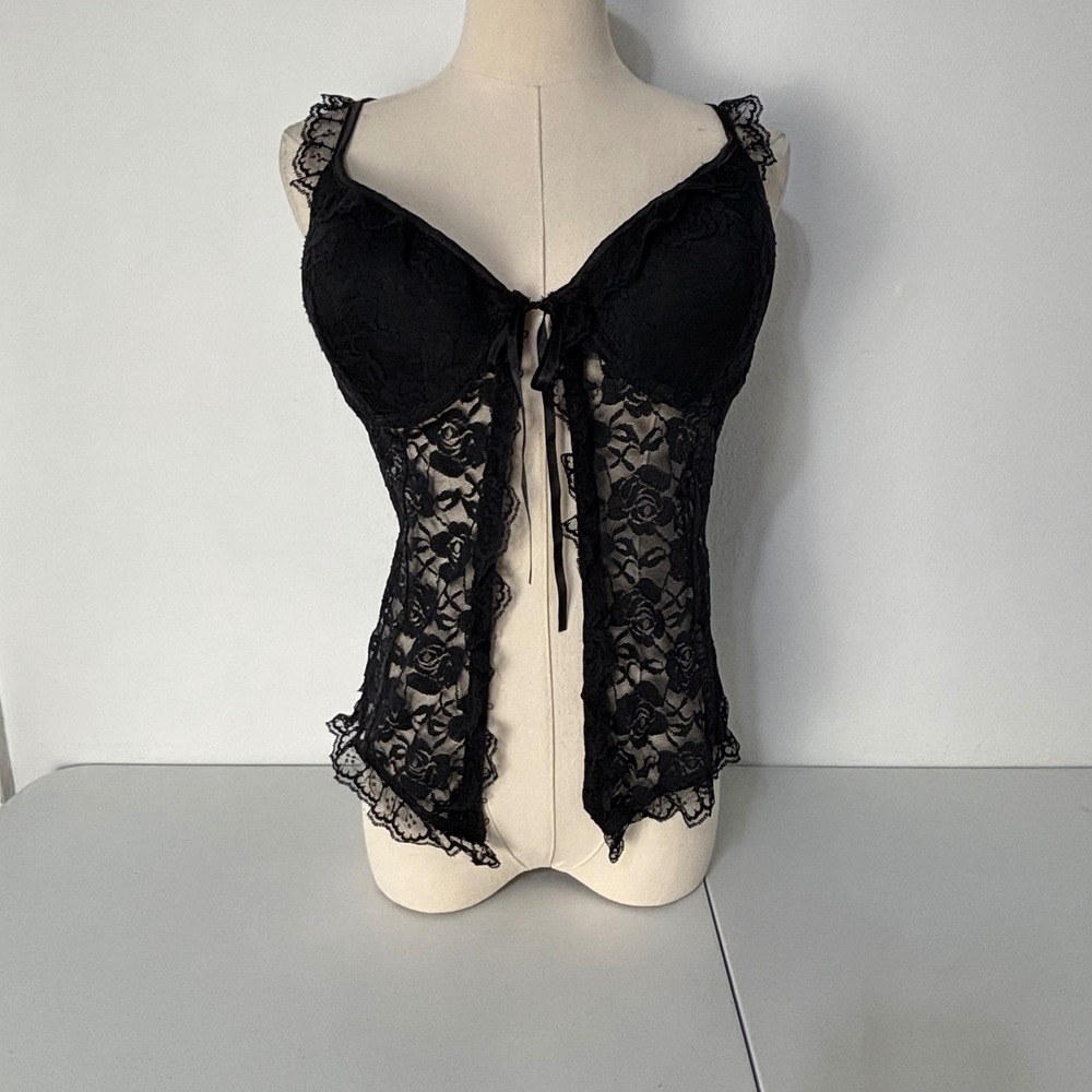Whimsigoth Floral Lace Camisole Sheer Mesh Coquette Vampy Front-Tie Top Women XL